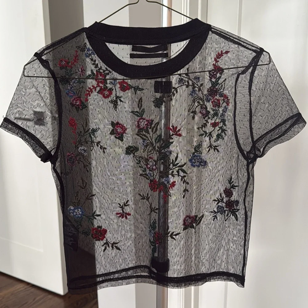 Urban Outfitters Black Sheer Top with Floral Embroidery - Picture 3 of 3